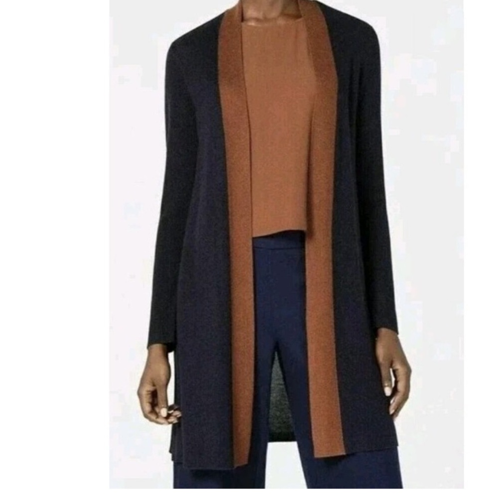 Eileen Fisher navy blue and brown silk tencel long open cardigan Size M NWT
